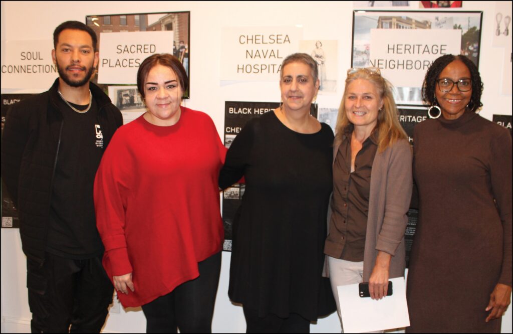 Chelsea Black Heritage Walking Trail artist Caleb Hawkins, Project Manager Stacey Smith, City Councilor Lisa Santagate, Project Architect Sarah Ritch, and CBC President and Project Overseer Joan Cromwell.